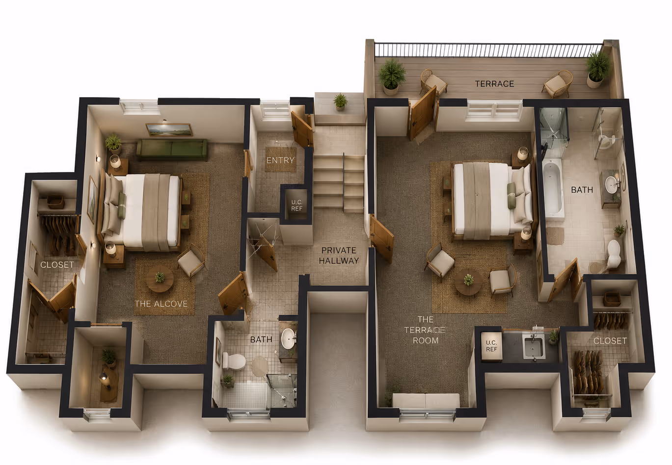 3D floor plan of two connected rooms: The Alcove with closet, bath; The Terrace Room with closet, bath, and terrace.