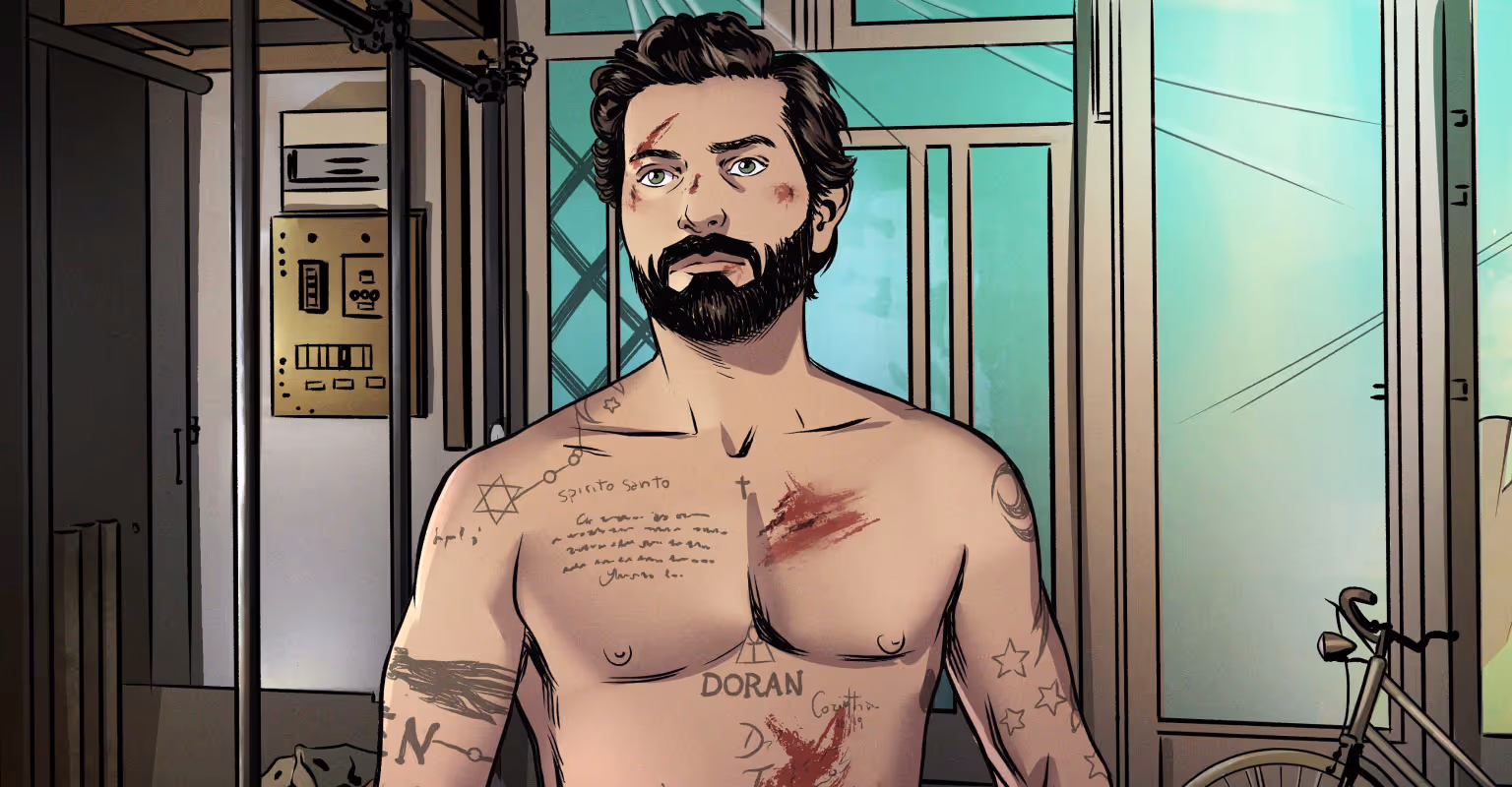 immagine di sfondo con doran, il guerriero mistico in  versione fumetto