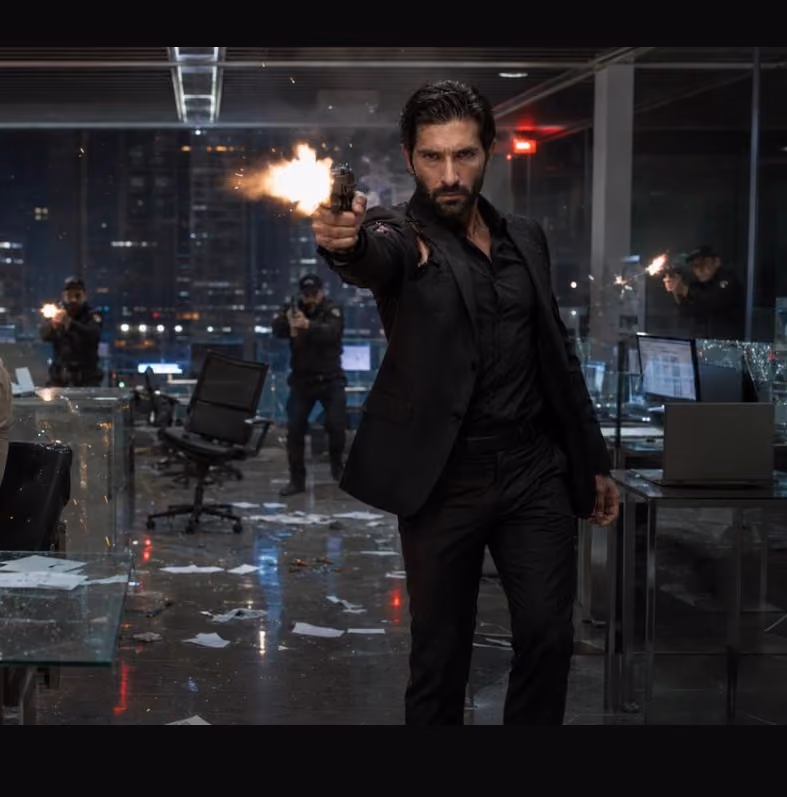 Man in a black jacket shoots a gun in a chaotic office while men with weapons follow in the background.