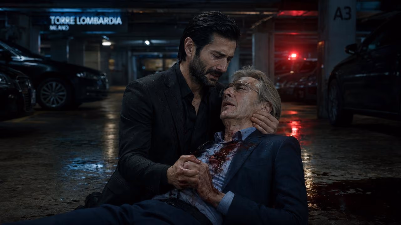A man holds a wounded, bleeding man in his arms in a dark parking lot.