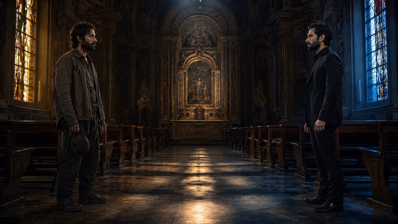 Two men face each other in a church adorned with stained glass windows and an ornate altar.