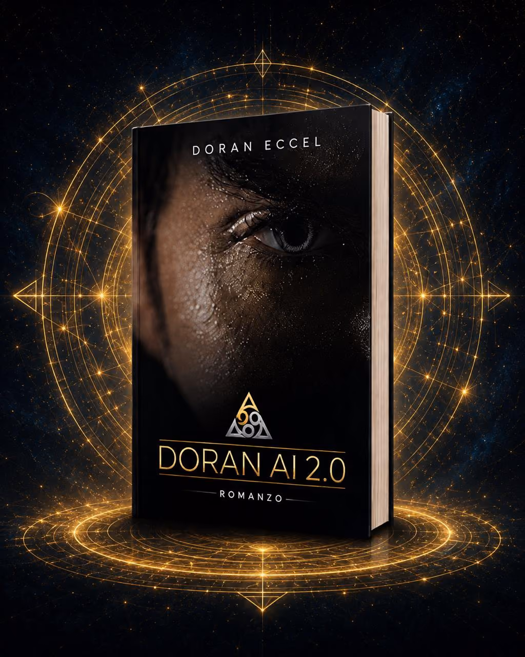 DORAN AI 2.0 book cover with a dark human face and glowing golden circles around it.
