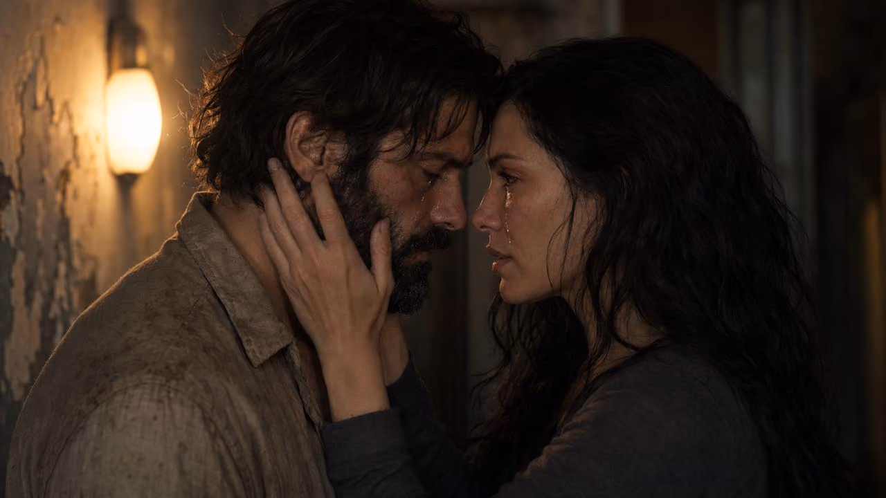 Man and woman with sad expressions touch each other's heads, with tears on their cheeks, in a dark environment.