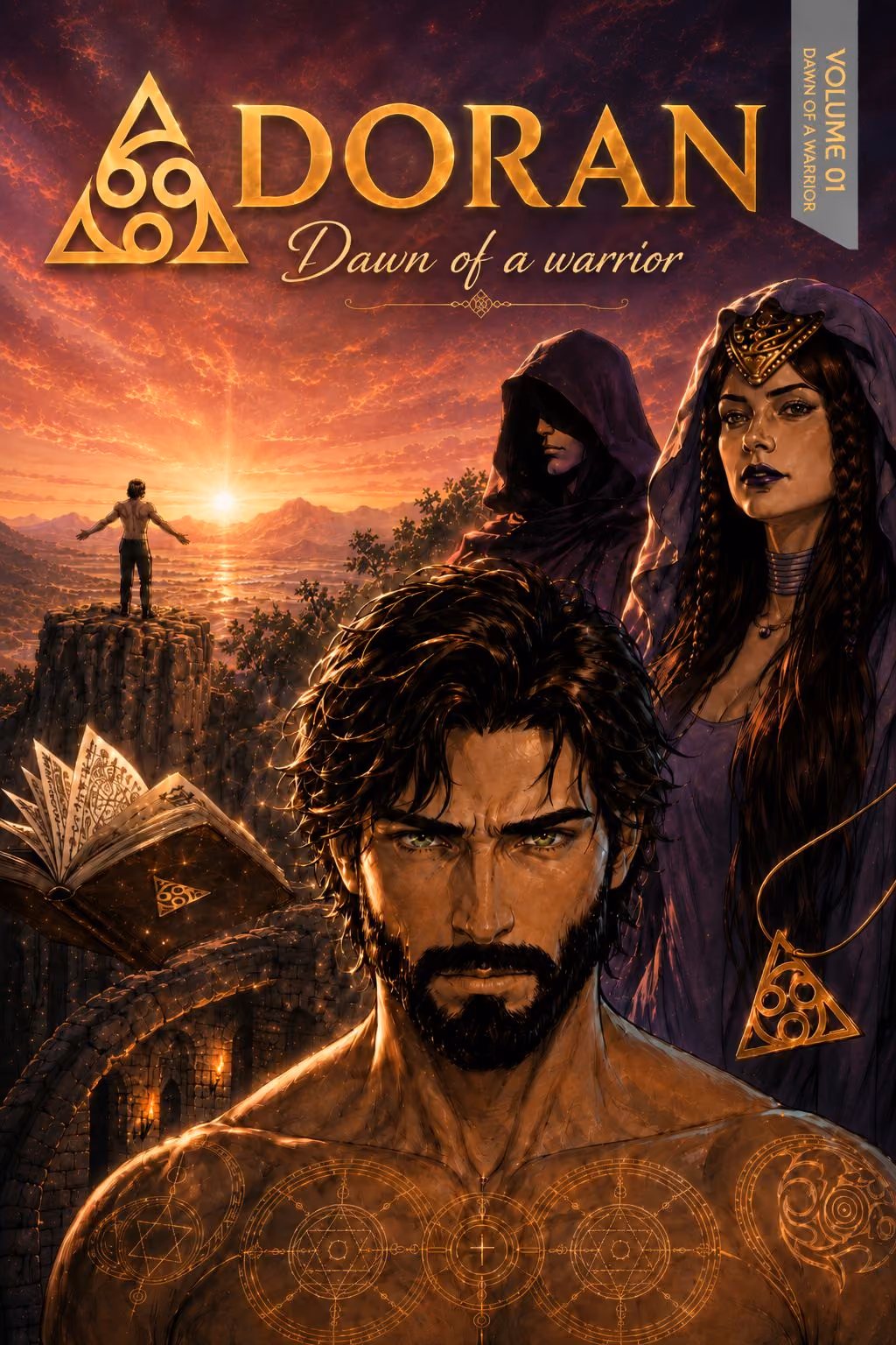 Doran cover with a bearded man, a woman, a hooded figure, magic book and sunset.