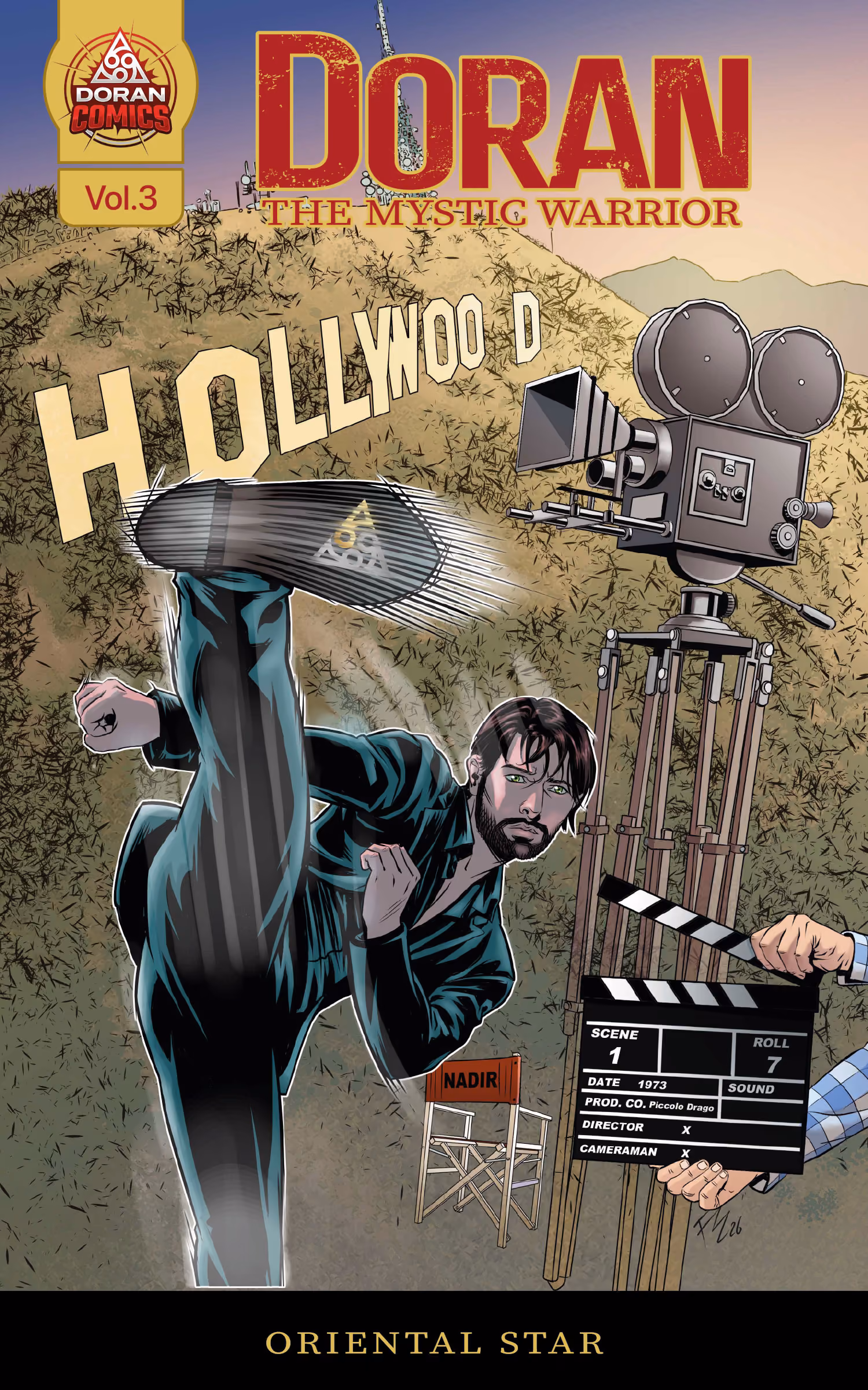 Cover of the comic book Doran the Mystic Warrior volume 3, a man kicks with a camera and a director's chair.