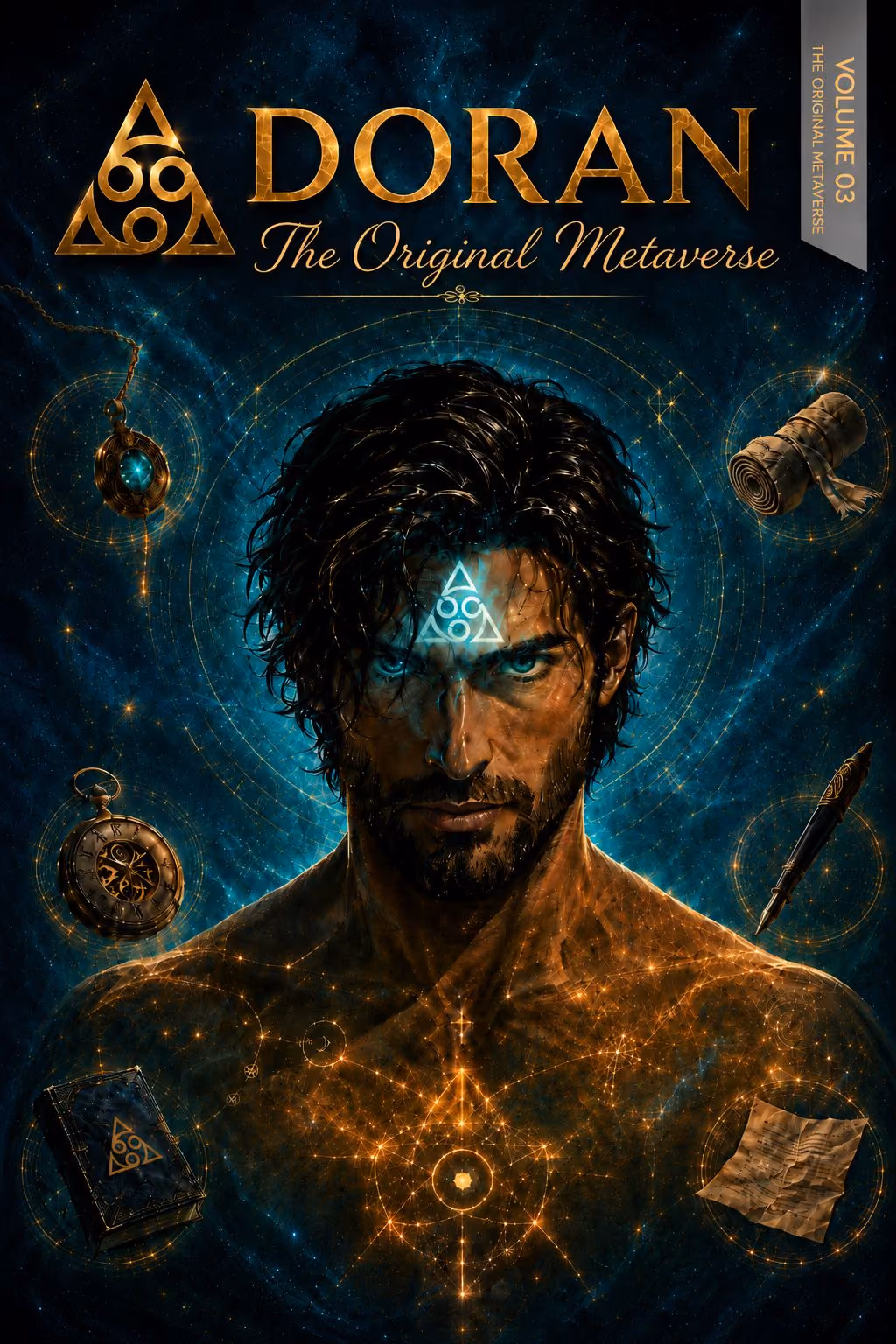 Doran with a mystical symbol on his forehead surrounded by stars, books, clock and scroll in a dark universe.