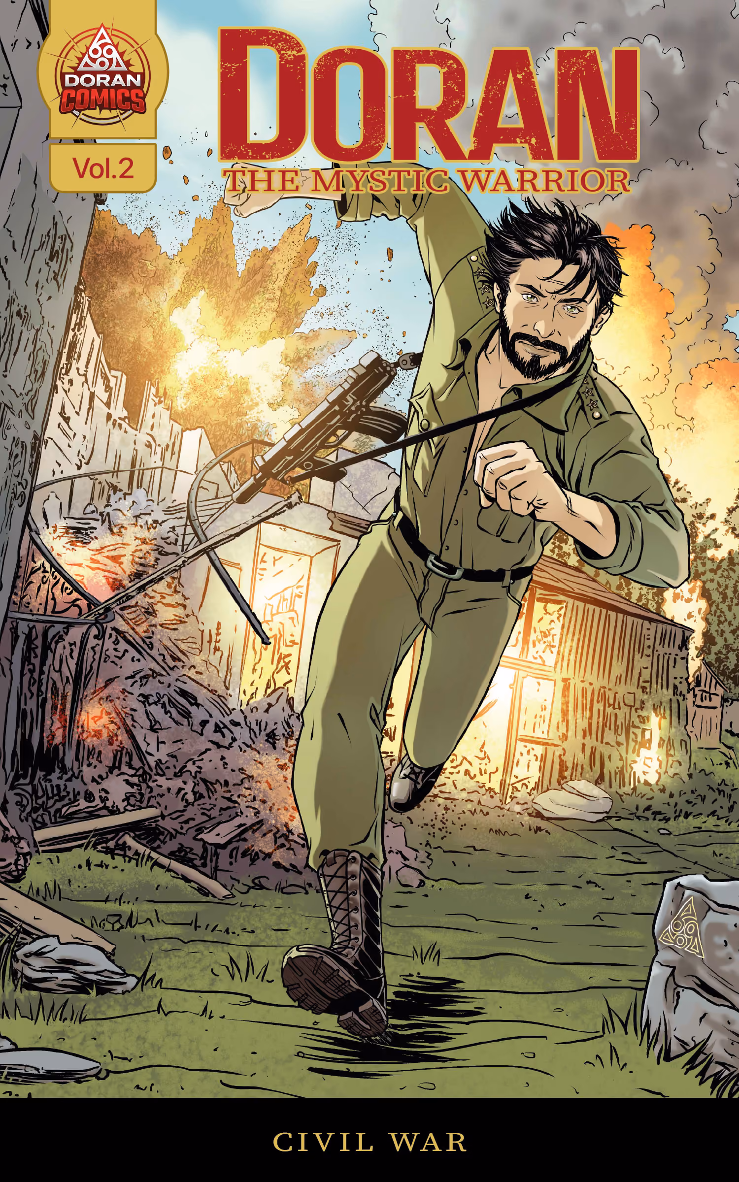 Comic book cover volume 2. Man in military uniform runs from an explosion behind him at a war scene.