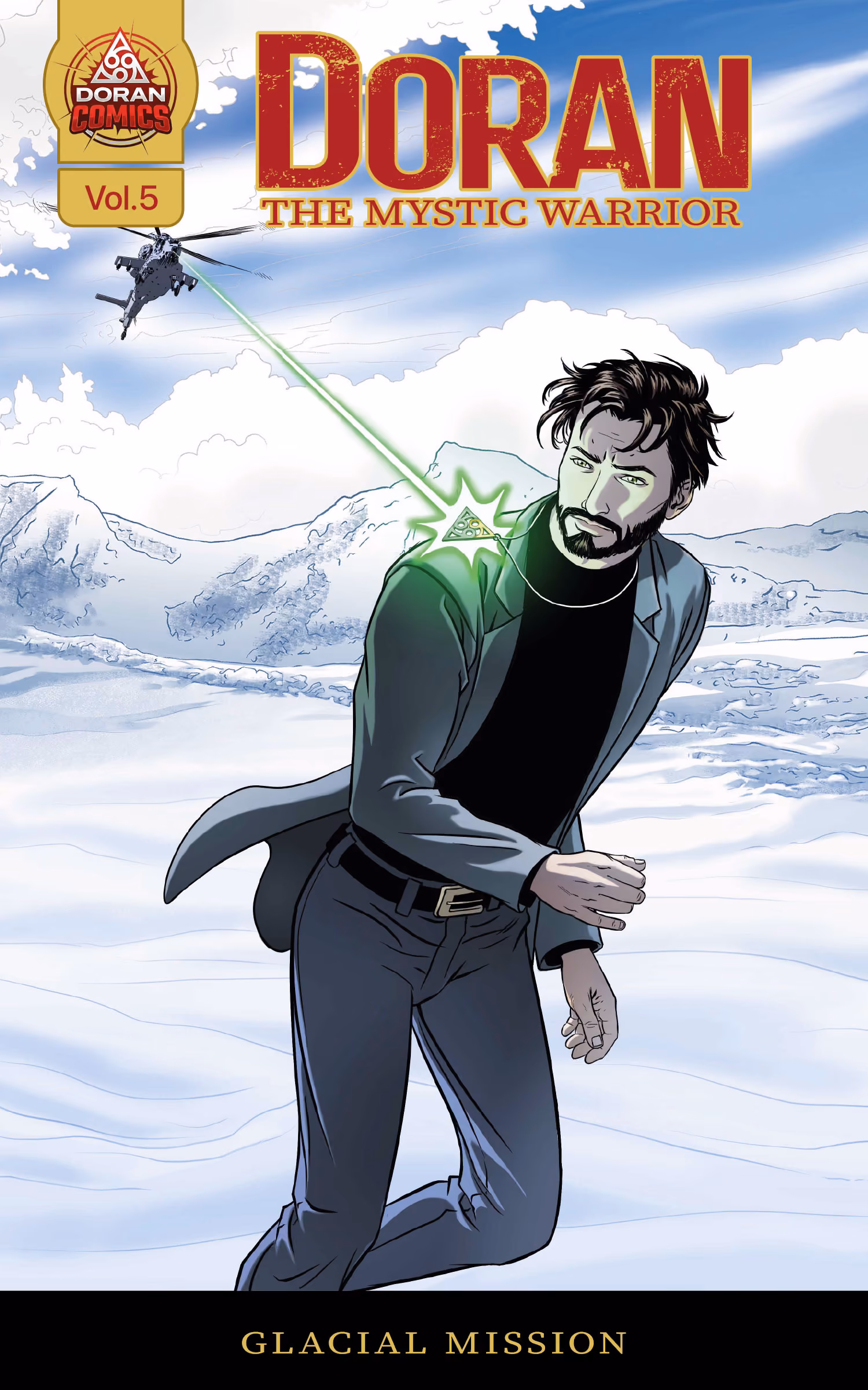 Comic book cover volume 5. Man wearing a jacket and glowing bib runs through the snow while a helicopter shoots a green beam.