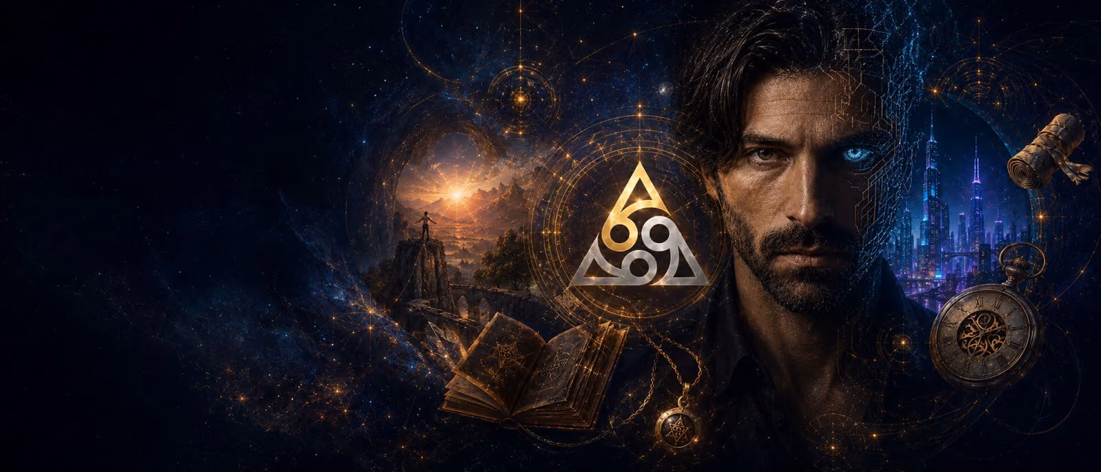 Face of a man with cybernetic blue eye, magic book, ancient clock and fantastic landscapes.