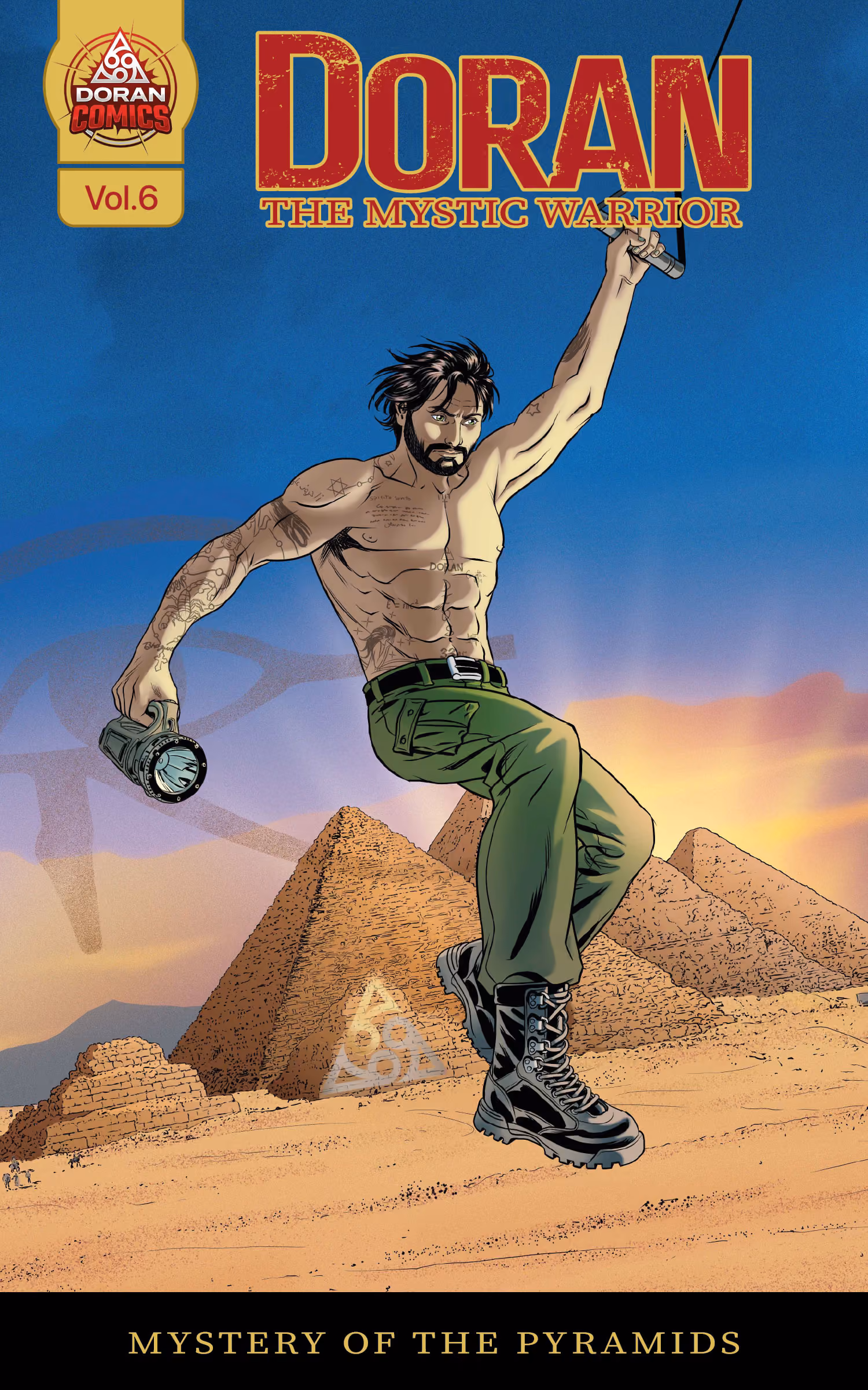 Comic book cover volume 6. Tattooed hero jumping with flashlight near Egyptian pyramids at sunset.