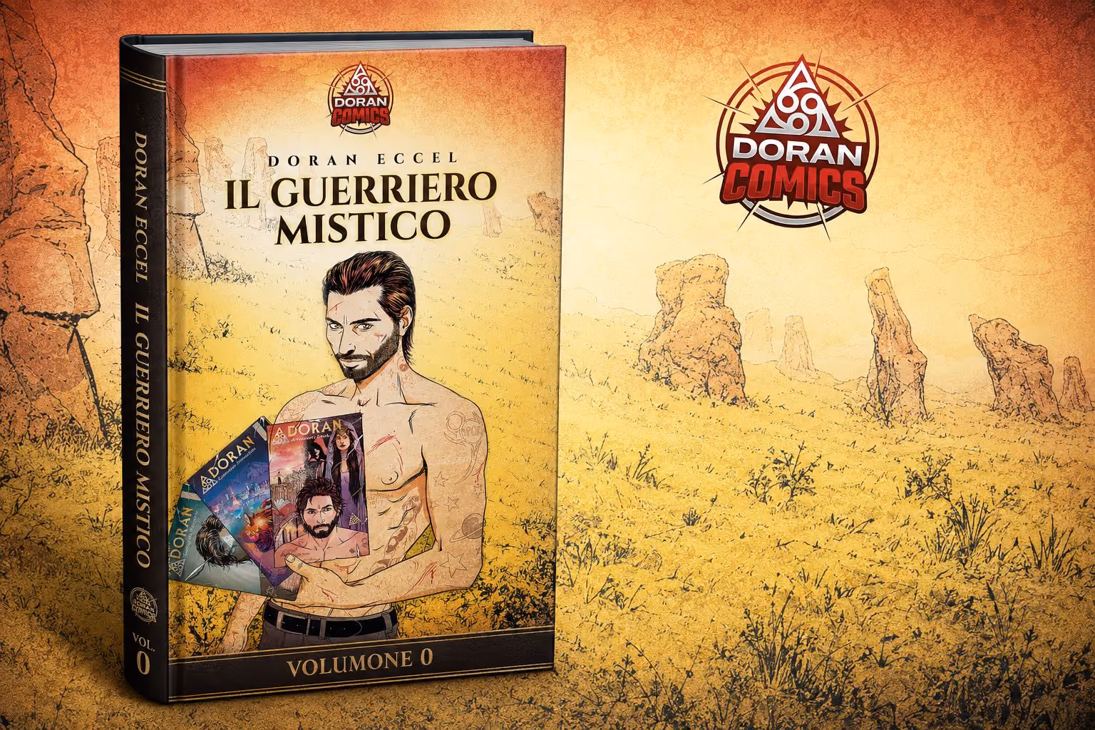 Cover of the comic 'The Mystical Warrior' by Doran Eccel with a tattooed man and rocky landscape.