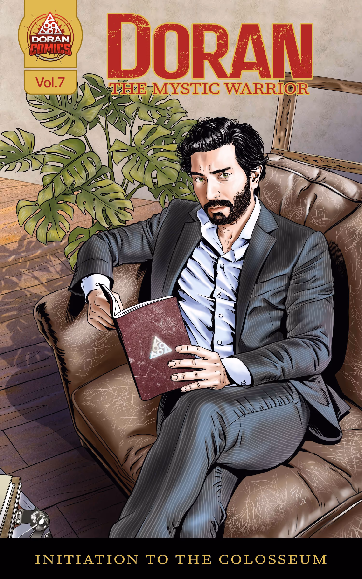 Comic book cover volume 7. Man in gray suit sitting on sofa while holding a book with red cover.