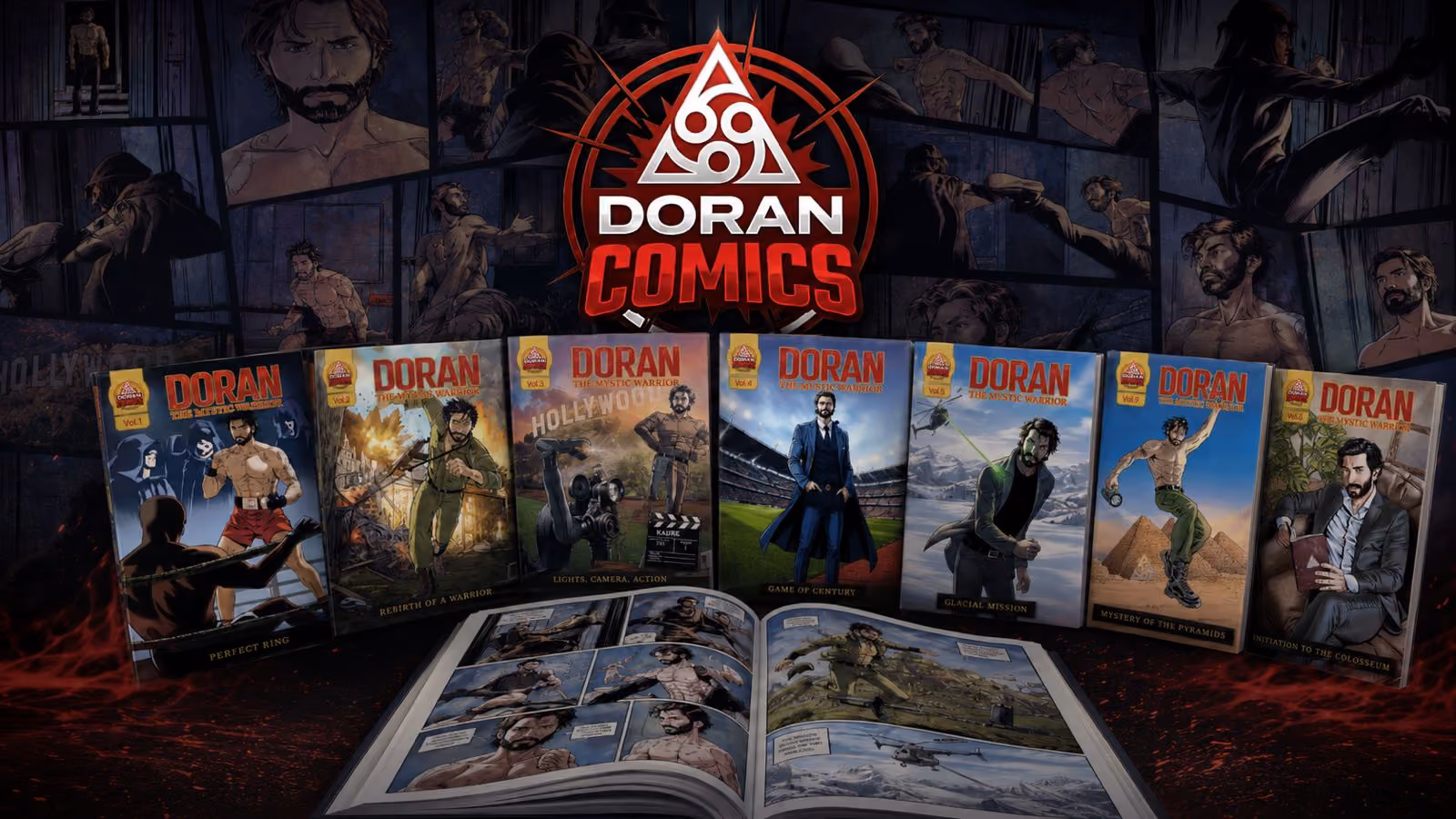 Set of seven Doran Comics comics with male character covers in different action scenes and an open comic.