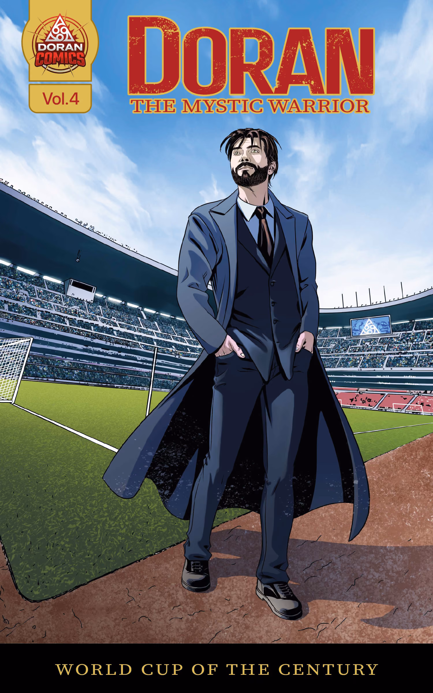Comic book cover volume 4. Man in dark suit and overcoat on soccer field with crowded stadium in the background.