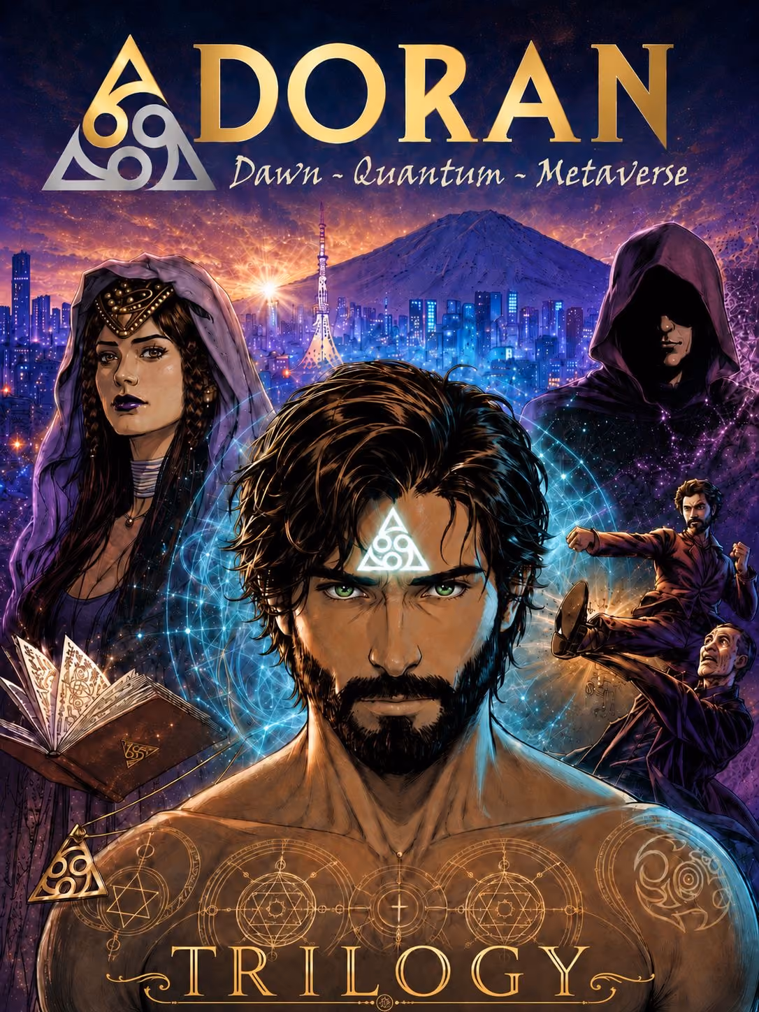 Adoran Trilogy cover with characters, bright symbols and a futuristic city under a mountain.