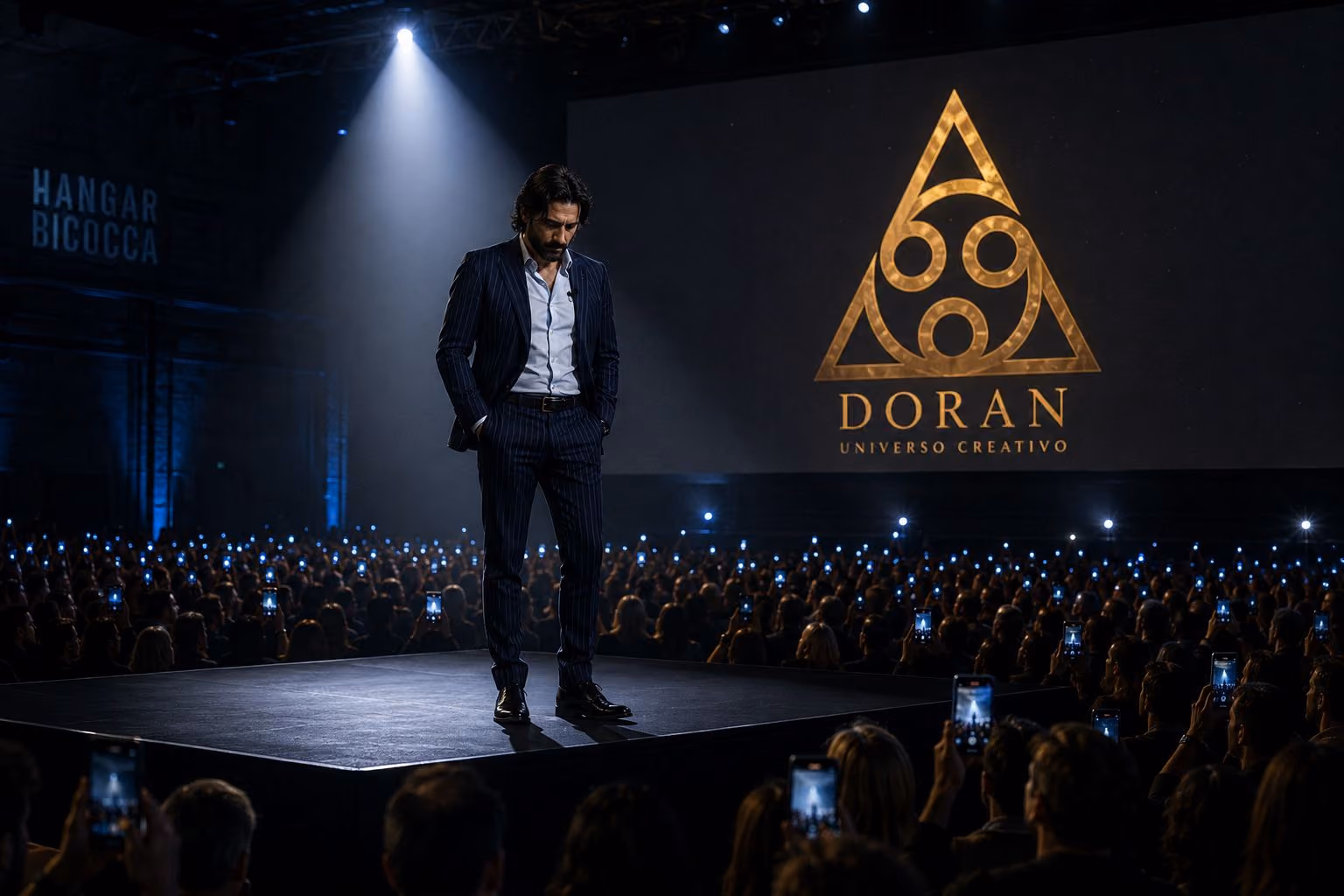 Man in dark suit on illuminated stage in front of an audience with cellphones on and DORAN logo in the background.