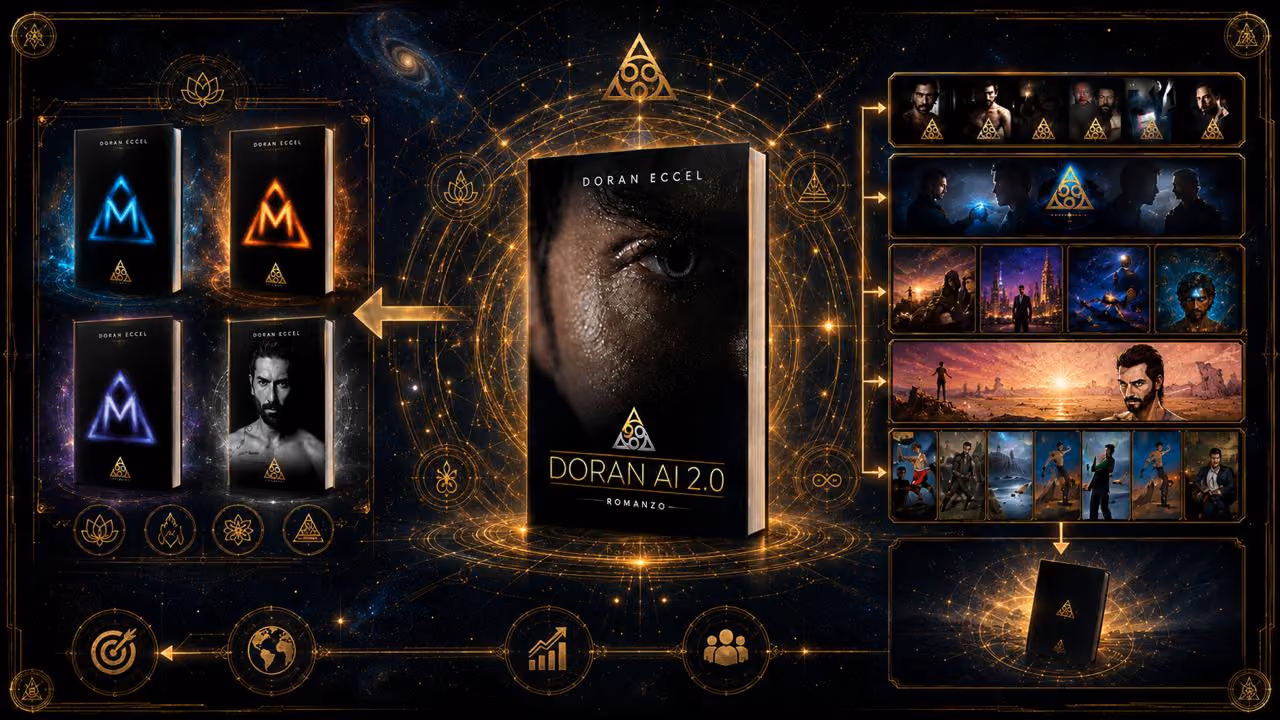 Doran AI 2.0 book covers by Doran Eccel with images of characters, symbols and futuristic scenarios.