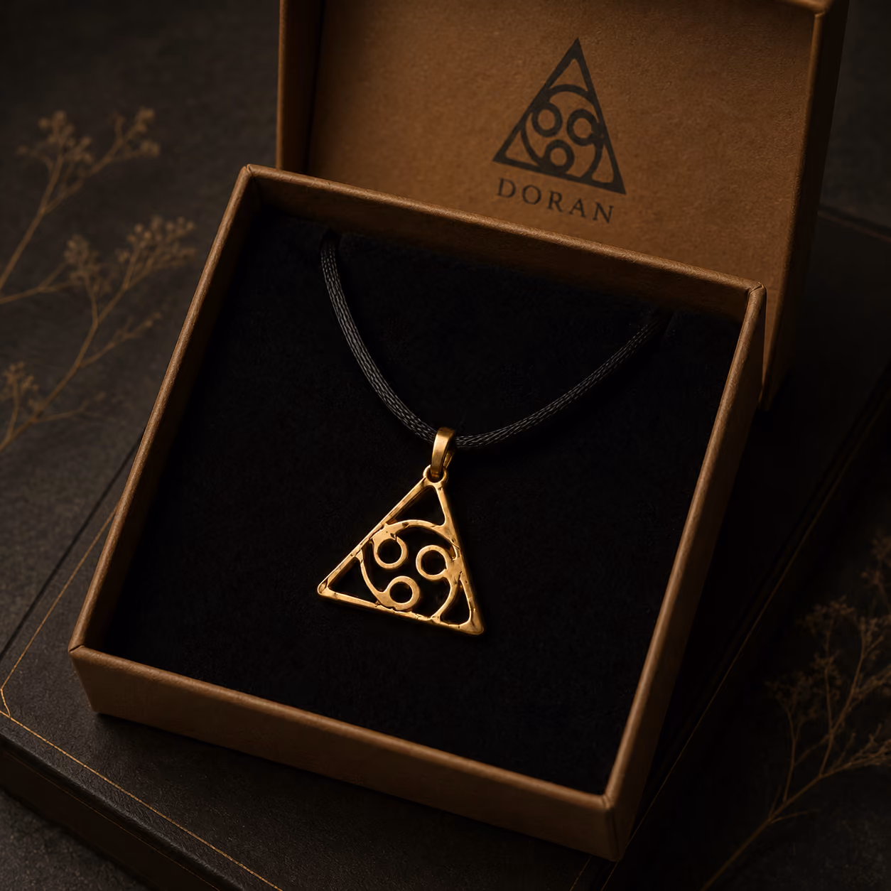 Gold triangular pendant necklace with central three-circle motif, in box with Doran logo.