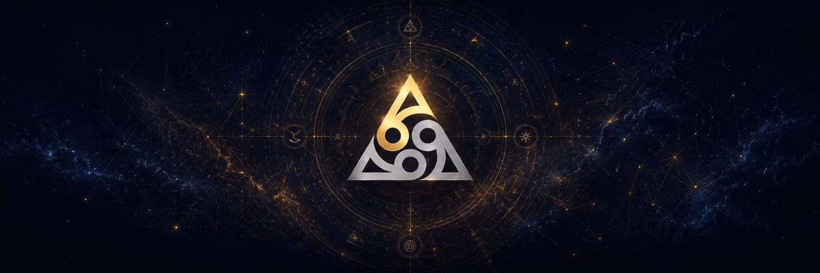 Gold and silver logo in the shape of a triangle with numbers 6 and 9 on a dark starry background and circular diagrams.
