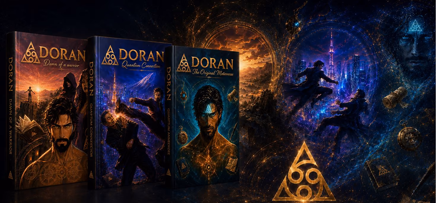 Covers of three fantasy books by Doran with combat scenes and golden mystical symbols on a dark background.