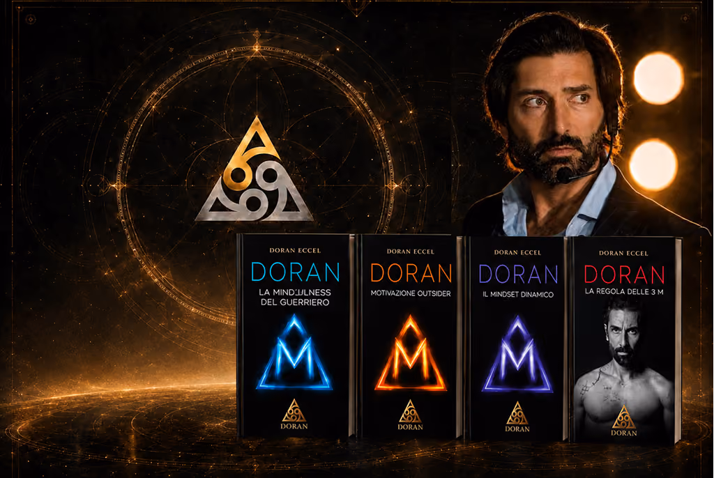 Four books by Doran Eccel with black covers and colorful symbols; man with microphone on the golden background.
