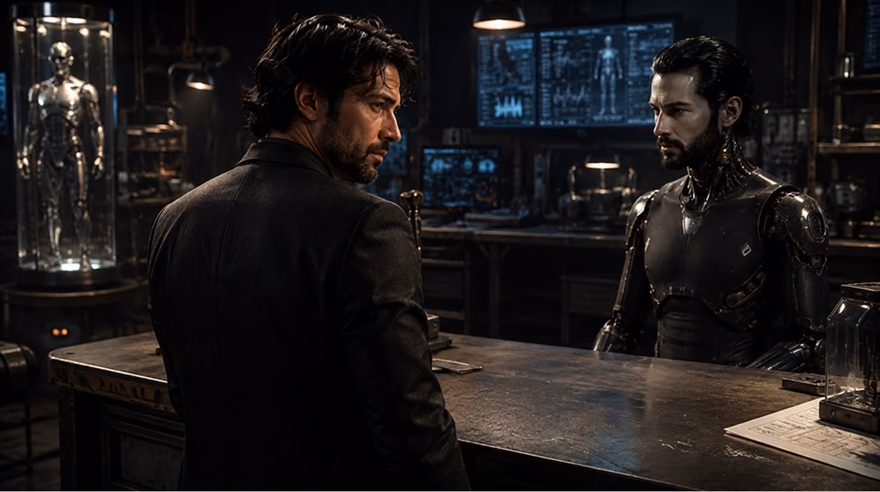 Man next to a humanoid robot sitting in front of a desk in a dark technology lab.