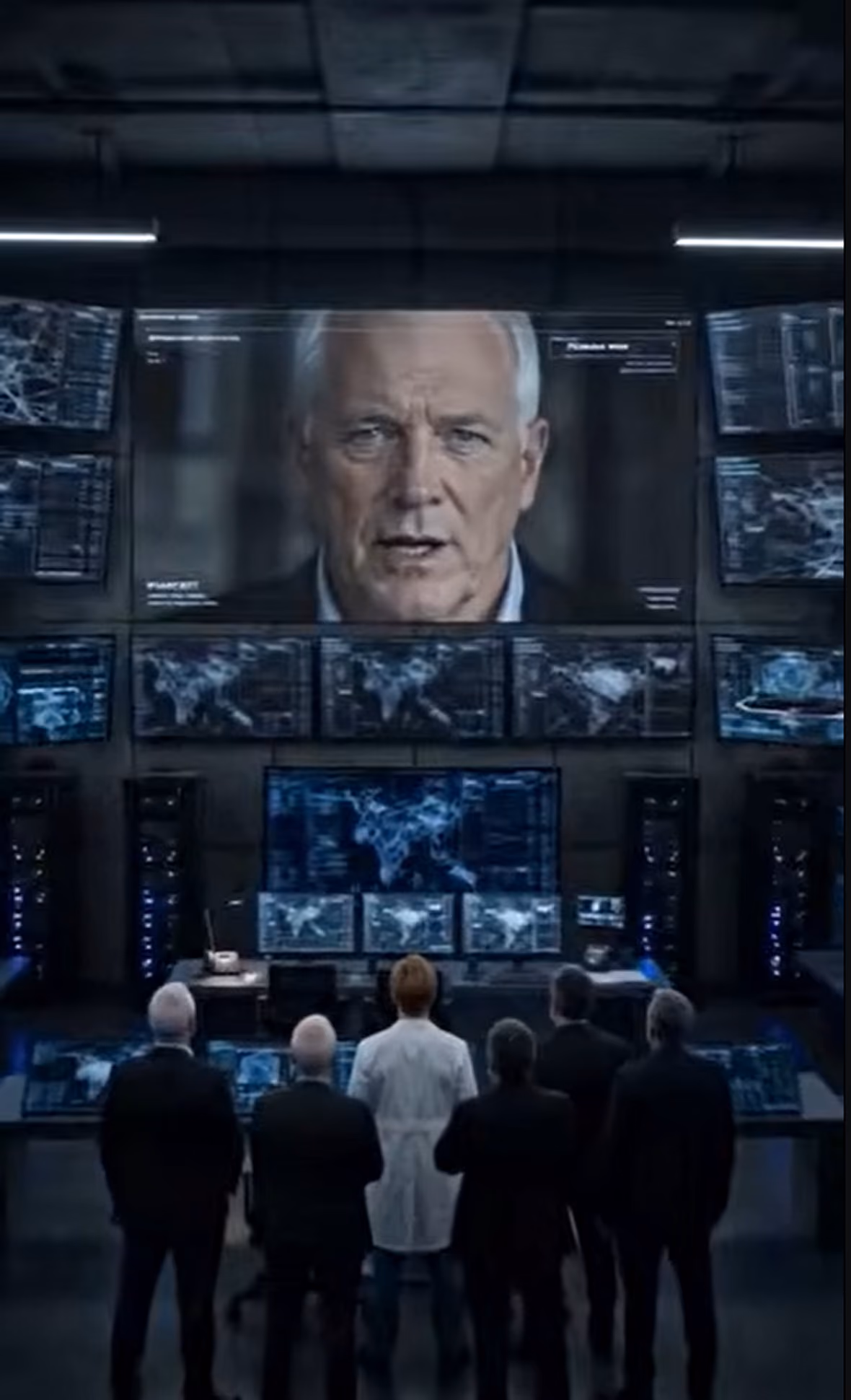Six people look at a large screen with the face of an old man and multiple digital maps.