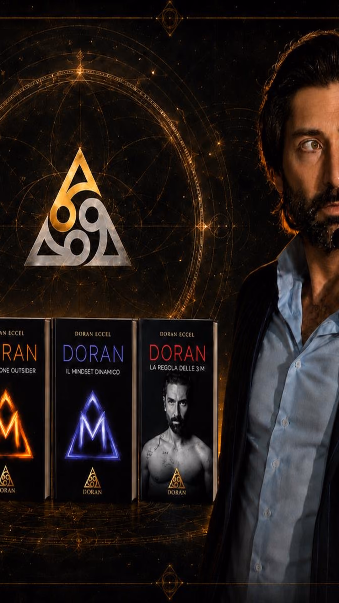 Man in a shirt and jacket looks to the right, with three books by Doran Eccel on the black background and gold symbols.