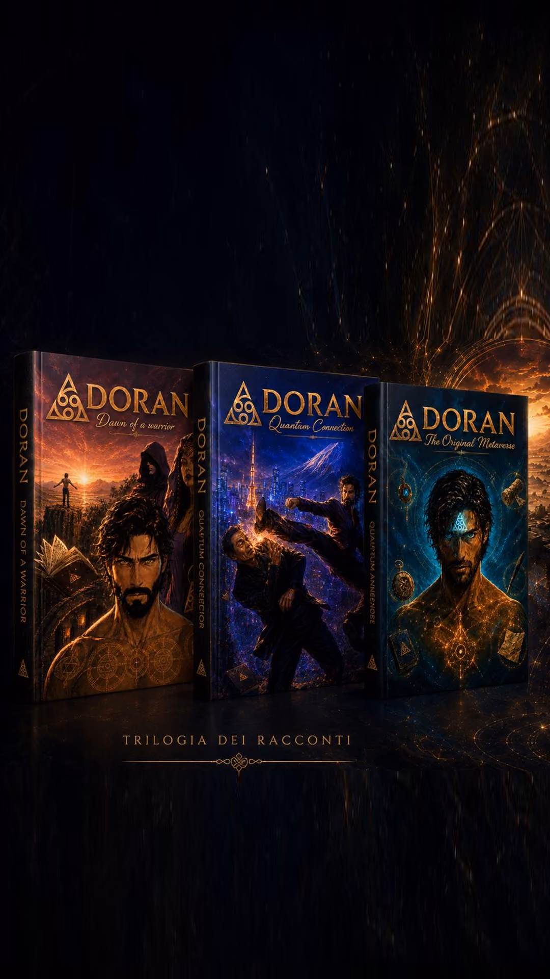 Covers of three books from the Doran trilogy with male characters and fantasy and futuristic backgrounds.