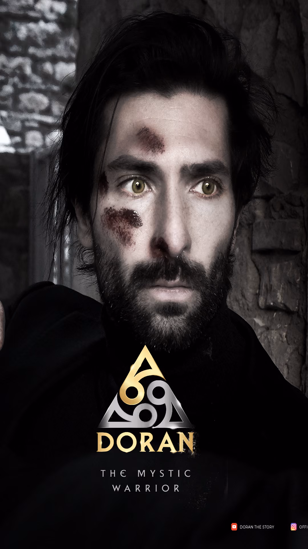 Close-up of man with scars on his face and beard, dark background, Doran The Mystic Warrior logo and text.