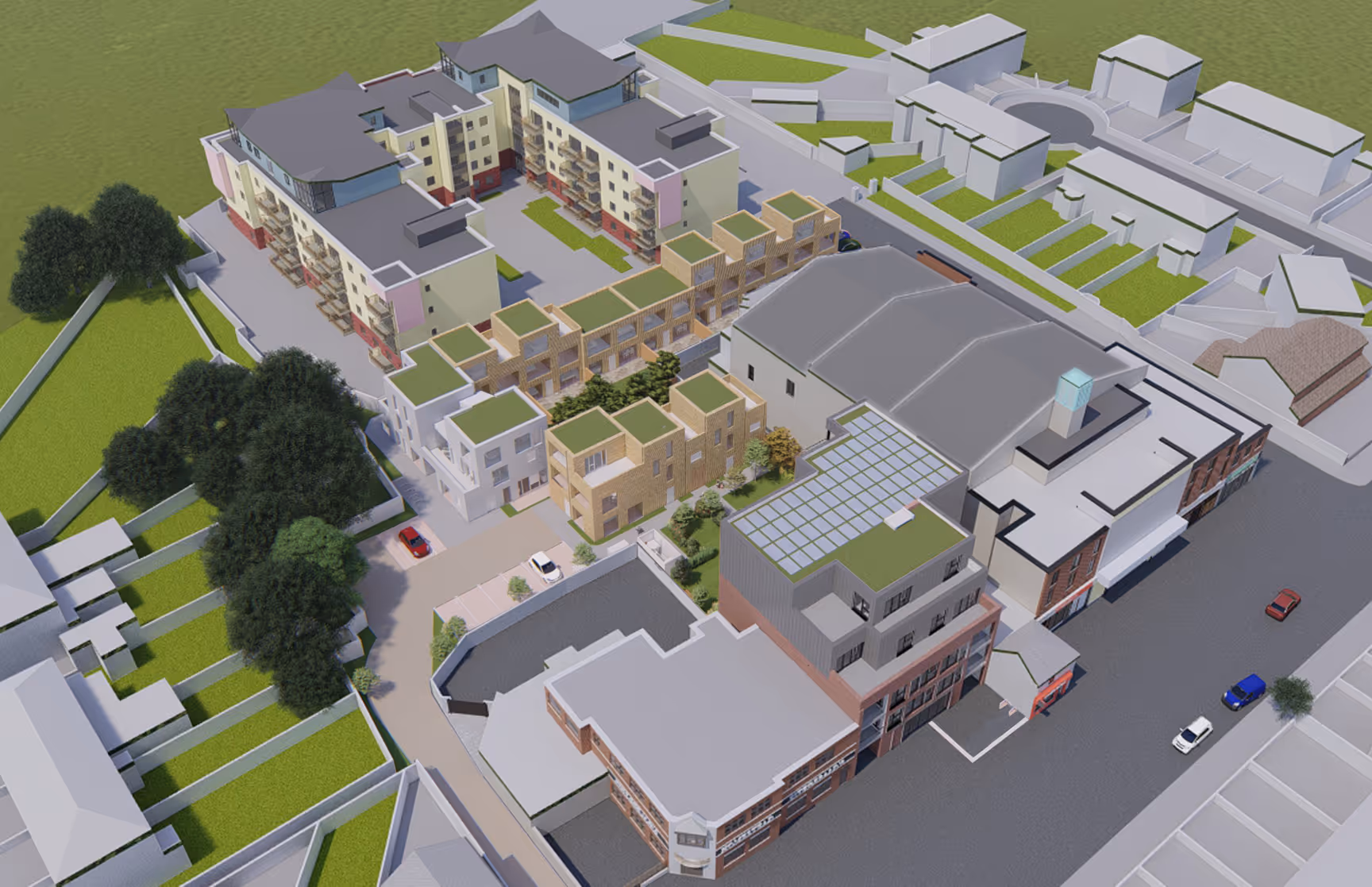 Aerial 3D rendering of a mixed residential and commercial neighborhood with modern apartment buildings, green rooftop terraces, streets, and parked cars.