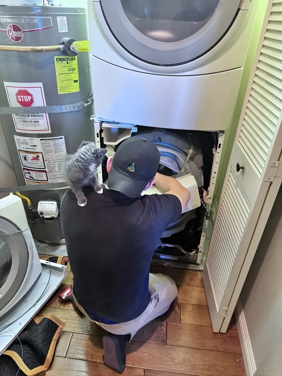 Person kneeling and repairing a front-loading washing machine with a gray cat perched on their shoulder.