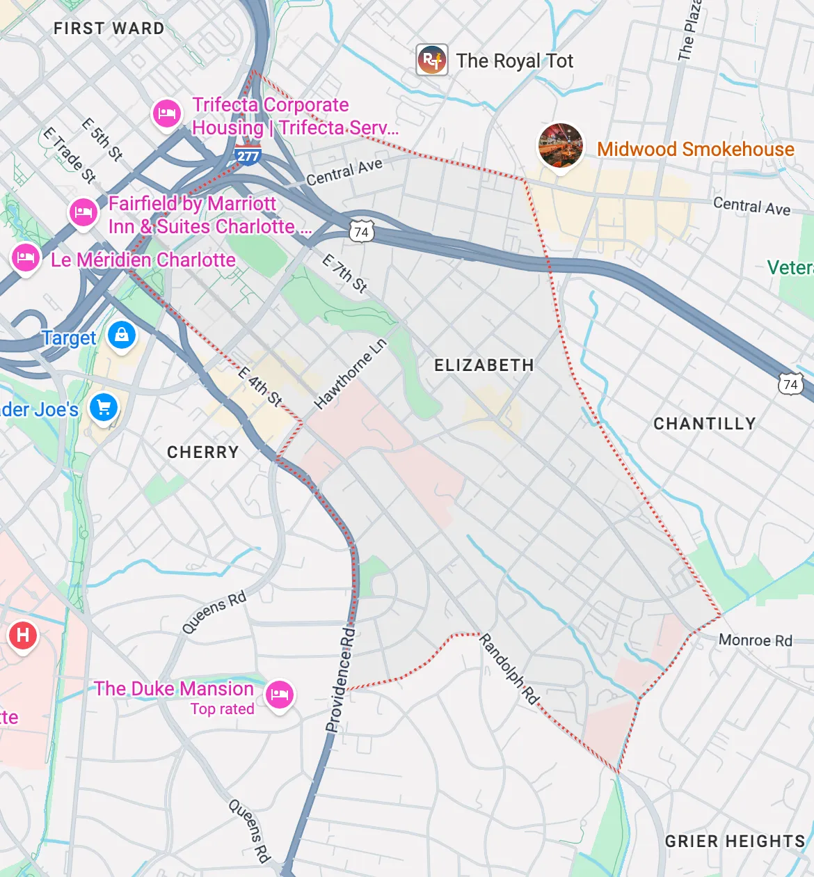 elizabeth-charlotte-nc map
