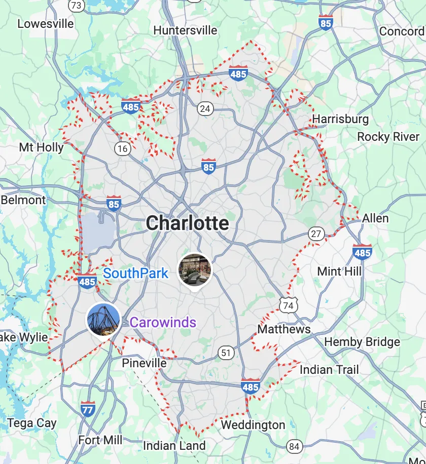  Charlotte, NC Service Area Map