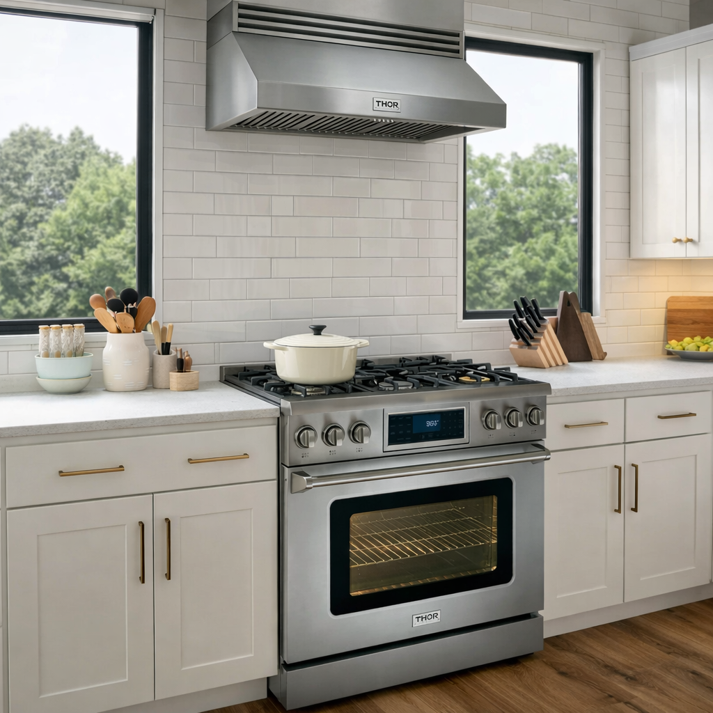 THOR Kitchen stainless steel gas range in modern white kitchen