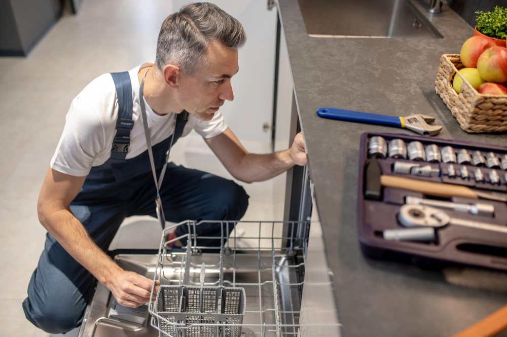 Technician repairing dishwasher in modern kitchen