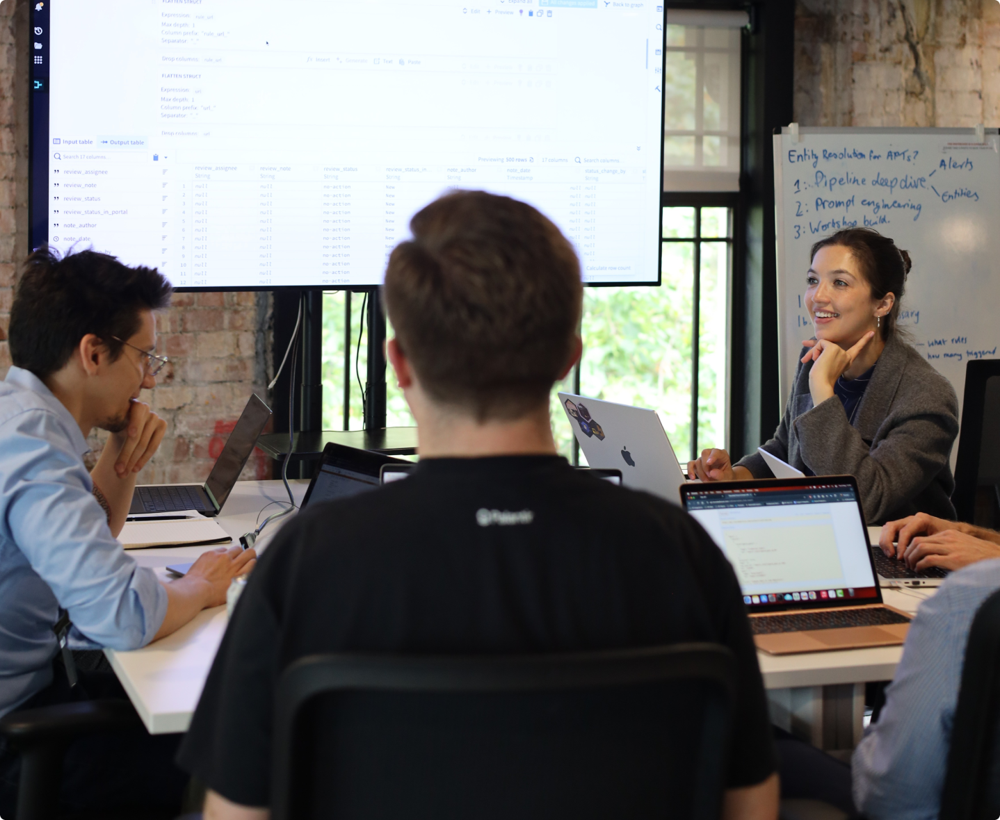 Group of colleagues in a meeting room working on laptops with a large screen displaying data tables and a whiteboard with notes behind them.