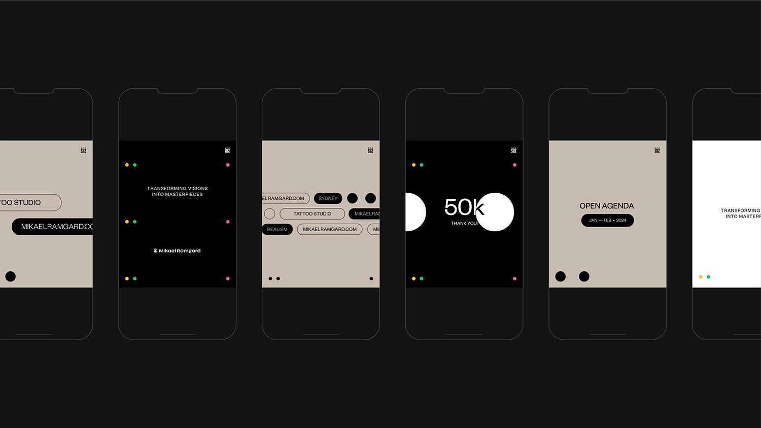 Mikael Rämgård mobile UI screens with clean typography and bold dots.