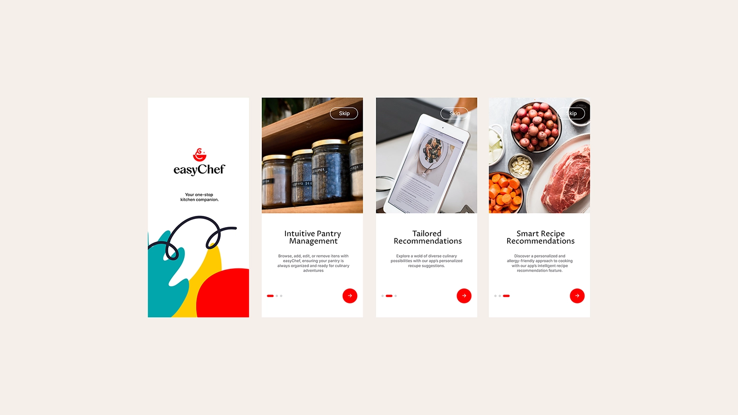 Mobile app onboarding screens showcasing EasyChef Pro’s smart cooking features.