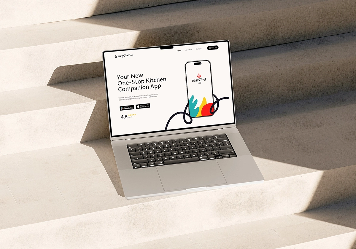 Laptop mockup showing EasyChef Pro’s homepage promoting the kitchen companion app.