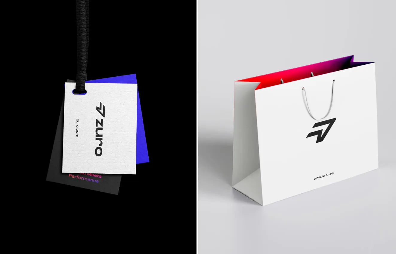 Zuro branded tags and shopping bag showcasing clean typography and gradient details.
