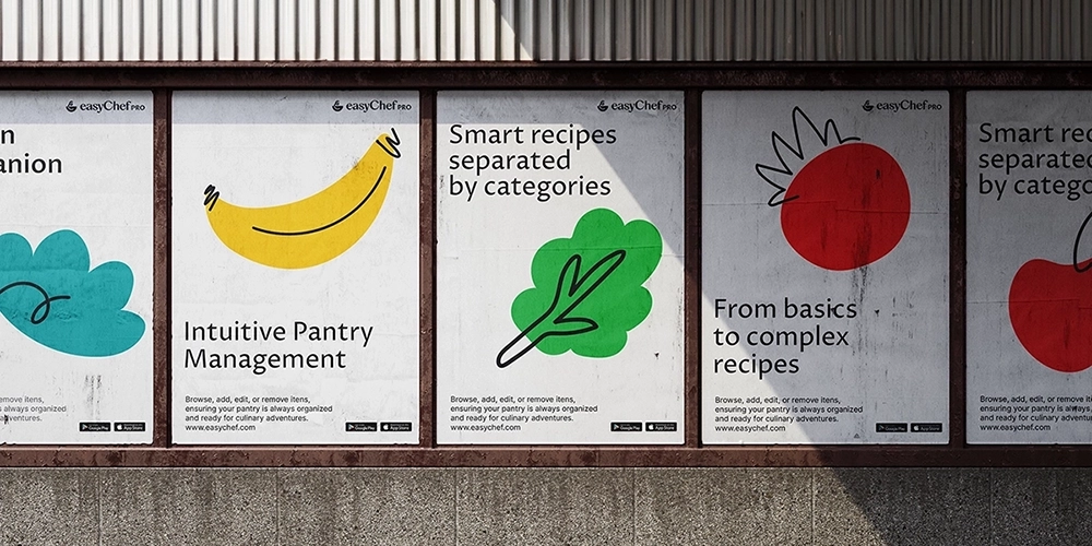 EasyChef posters with playful fruit and vegetable illustrations on urban wall.