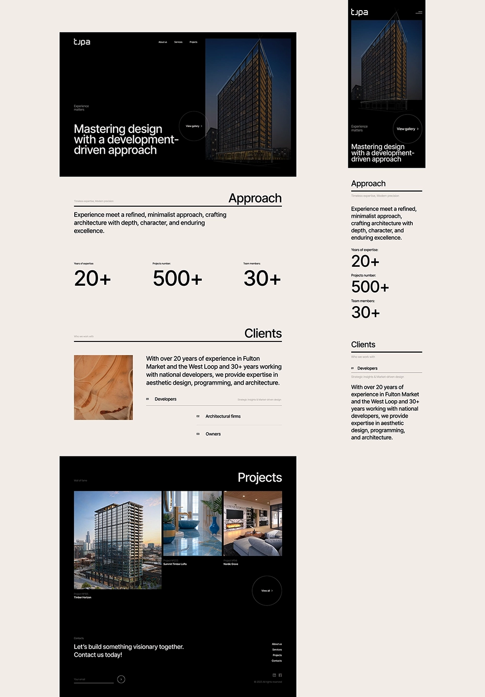 Full website layout for TJPA highlighting architecture expertise and project showcases.