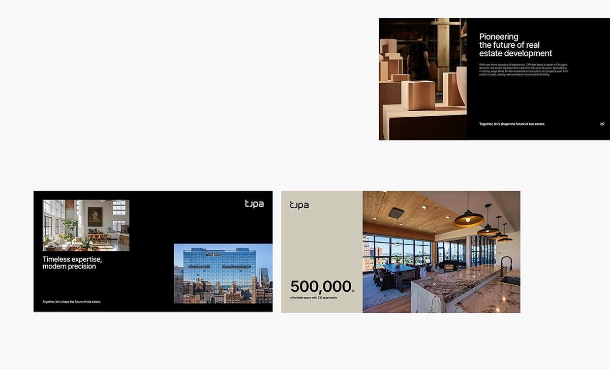 Horizontal presentation slides highlighting real estate development visuals.
