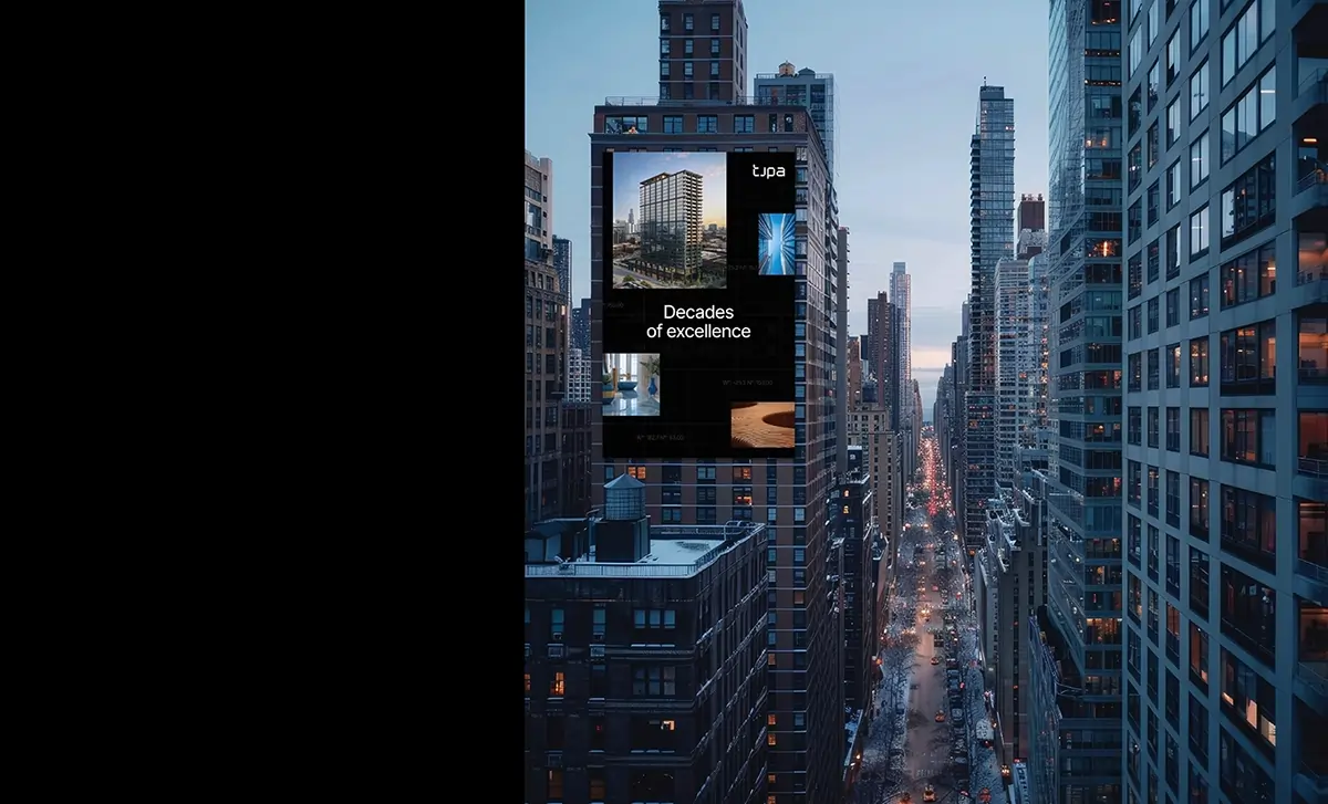 Cityscape with digital building billboard displaying architectural brand ad.