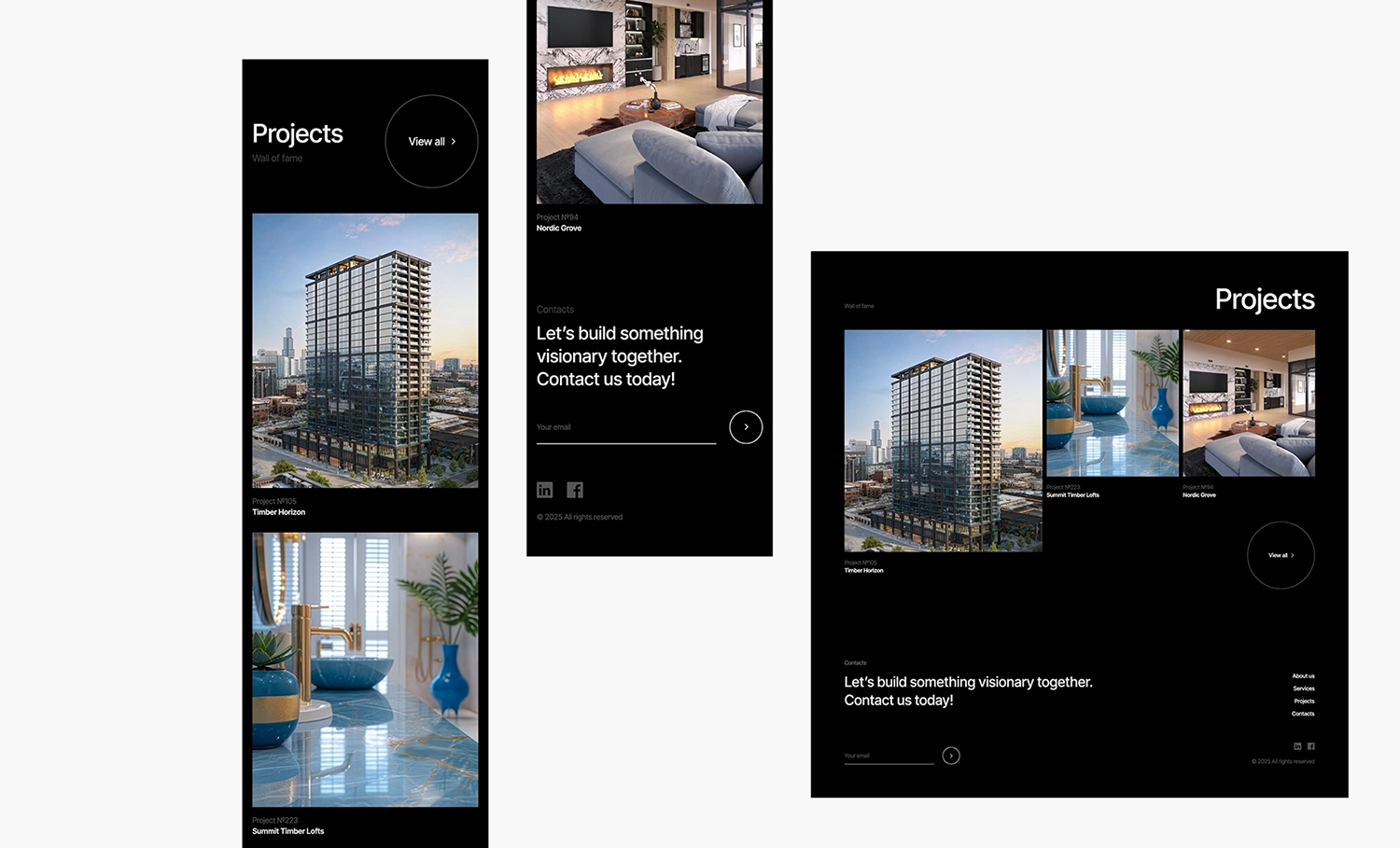 Website layout showcasing architectural projects and modern interiors.