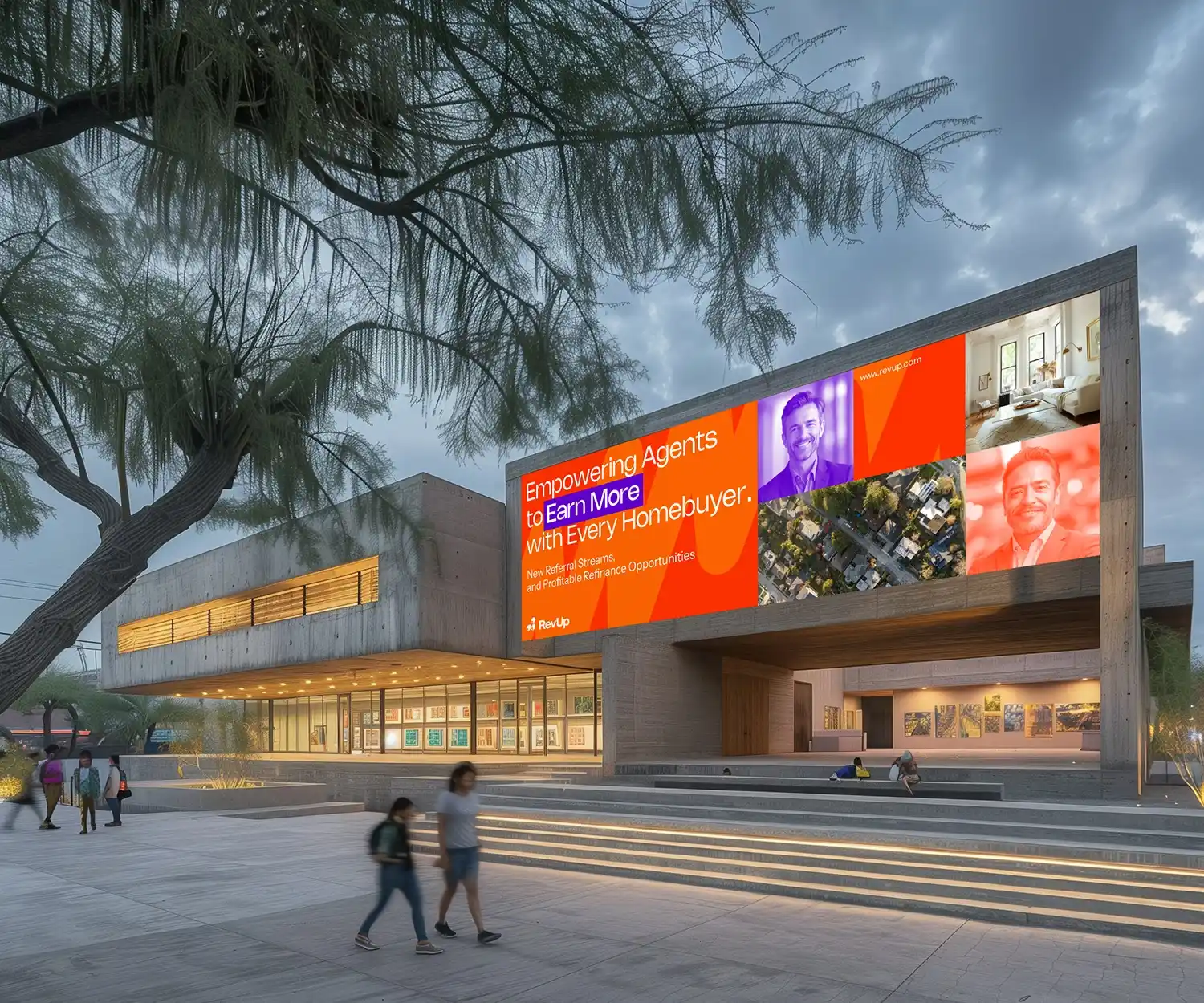 Contemporary building with large colorful advertising billboard.