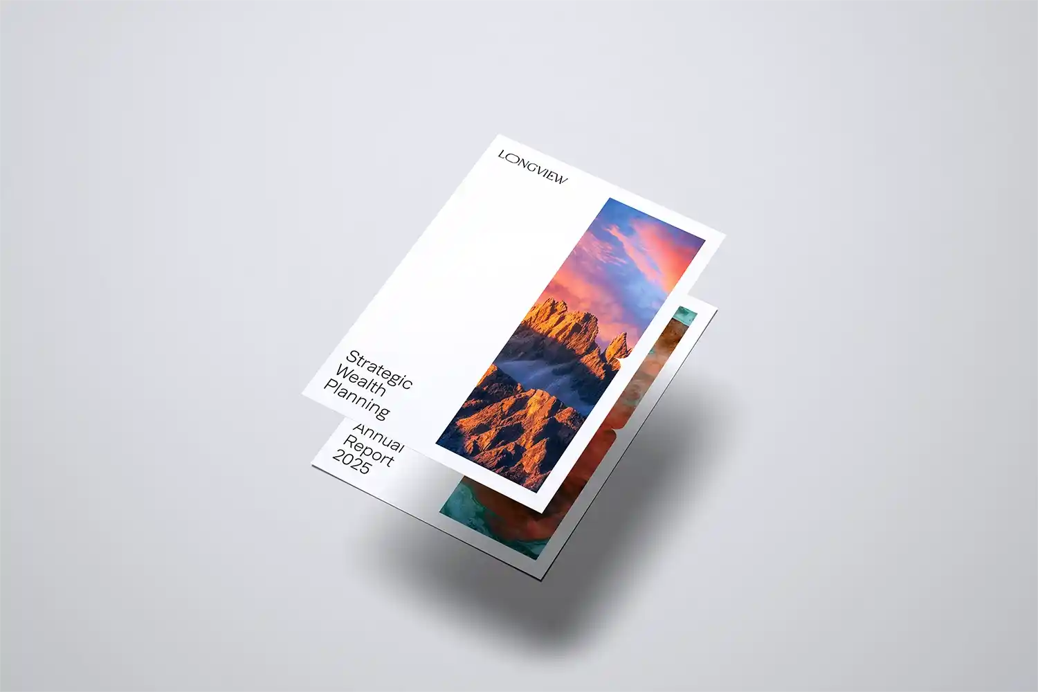 Minimal annual report cover with mountain photography.
