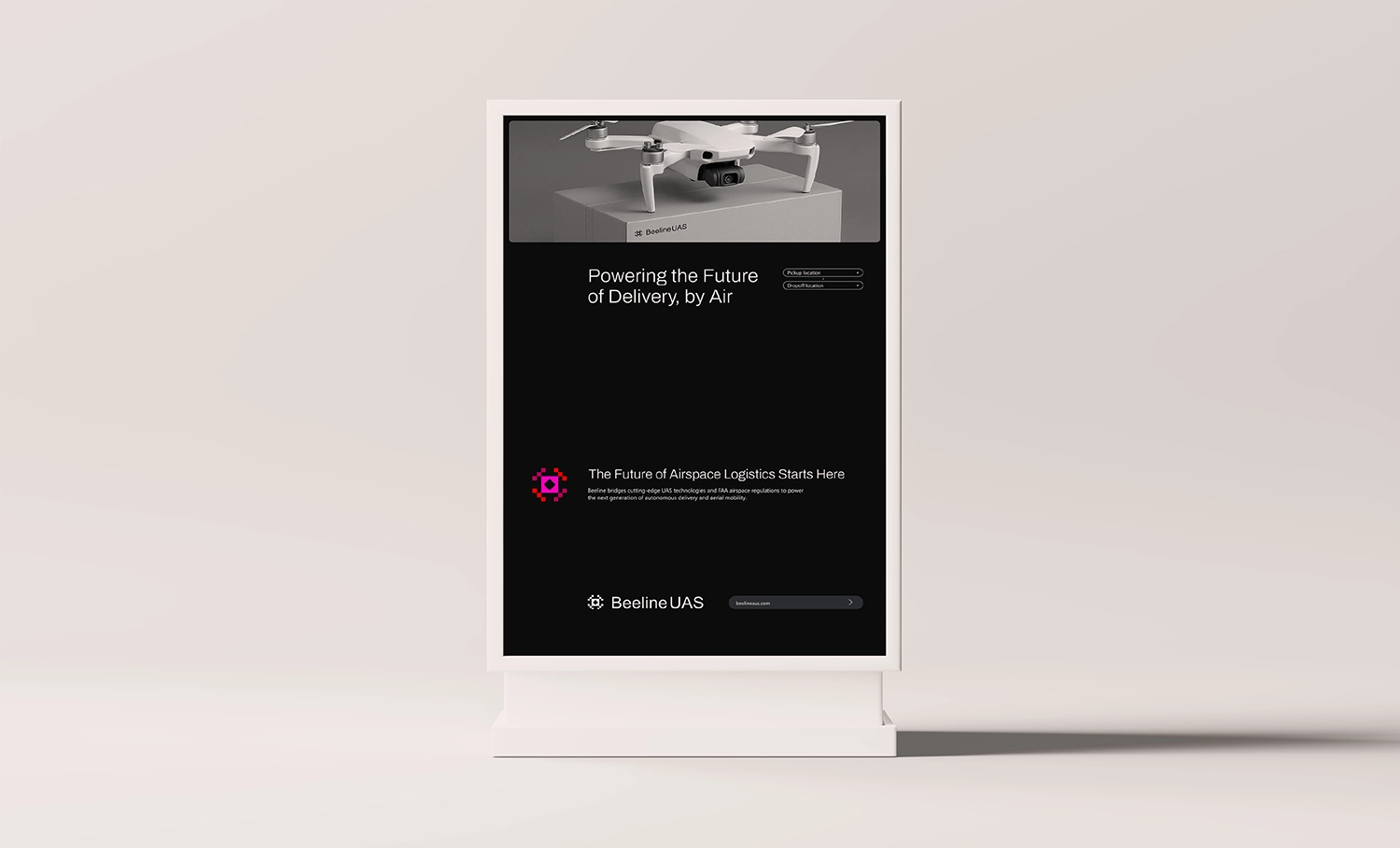 Digital poster display featuring a drone and modern branding.