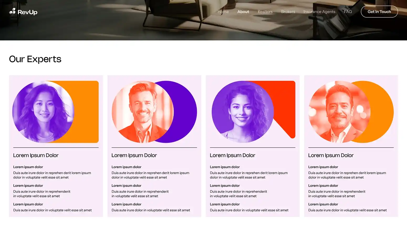 Website homepage featuring hero image with woman and bold headline.